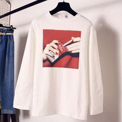 

NEW Women T Shirt Autumn Punk Print Casual Loose Long Sleeve T Shirt Simple Tee Basic Top White Spring Cool Girl
