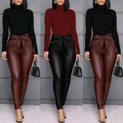 

Womens Leggings PU Leather High Waisted Pants Stretchy Bowknot Skinny Trousers