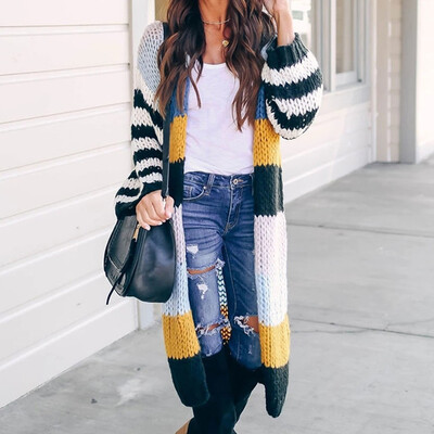 

Roseonmyhand Women Long Sleeve Color Striped Pocket Casual Knitted Outerwear Cardigan Sweater
