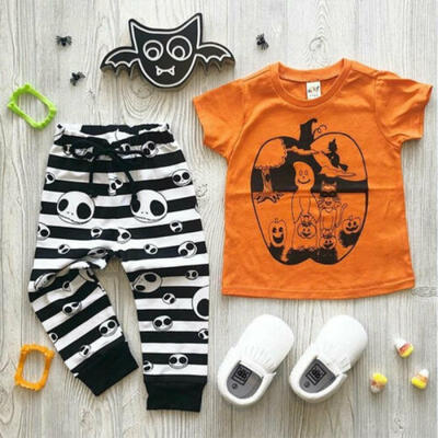 

US Infant Baby Boy Kid Halloween Pumpkin Top T-shirt Stripe Pants Outfit Clothes