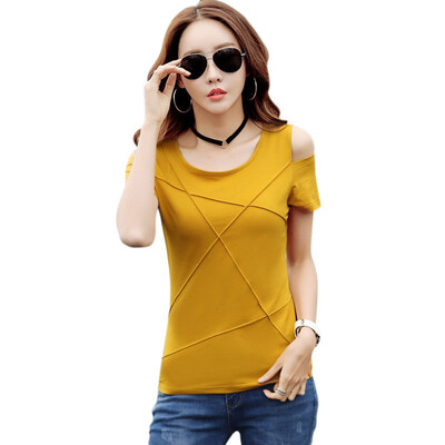 

2018 Fashion Off Shoulder Women O-Neck T-shirts Short Sleeved Hollow Out T-shirt Solid Female Cotton Tees Tops Female -2L