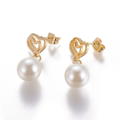 

304 Stainless Steel Dangle Stud Earrings with Plastic Imitation Pearl Heart Golden 25mm Pin 08mm