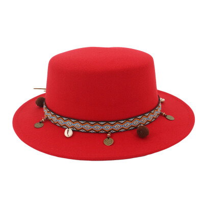 

Tailored Women Wide Brim Wool Belt Felt Flat Top Fedora Hat Party Church Trilby Hats Cap