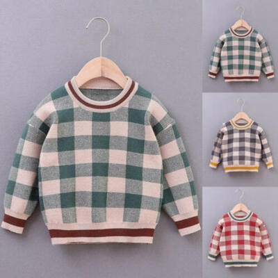 

US Autumn Winter Baby Kid Boy 1-6Y Sweaters Long Sleeve Pullover Warm Plaid Tops