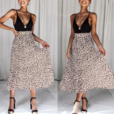 

Roseonmyhand Women Elastic Waist Leopard Skirt Vintage A-line Loose Long Skirt Swing