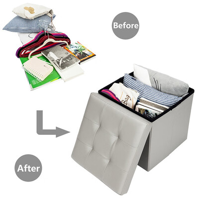 

383838 Footstool Square Shape PVC Leather Storage Ottoman Concave Surface Gray