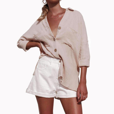 

Solid Color Loose Long Sleeve Blouse Women Turn Down Collar Cardigan Tops