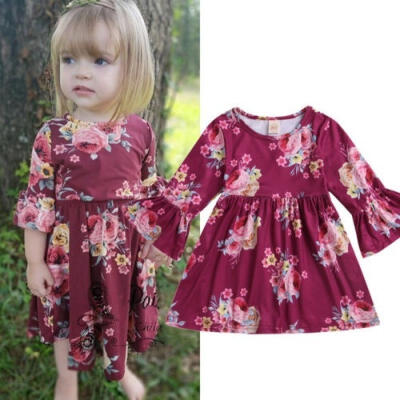 

Toddler Kids Baby Girl Wine Red Bell Sleeve Flower Party Dress Casual Clothes