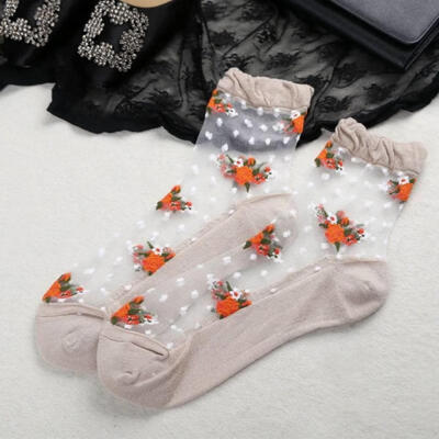 

Fashion Women Summer Ultrathin Transparent Rose Flowers Elastic Short Socks