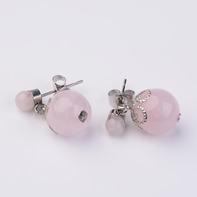 

Dangling Natural Rose Quartz Ear Studs with Metal Findings Platinum 20mm Pin 07mm