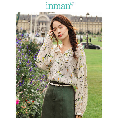 

INMAN 2019 spring new ruffled V-neck small fresh literary loose long-sleeved floral shirt shirt female 1891011517 white L