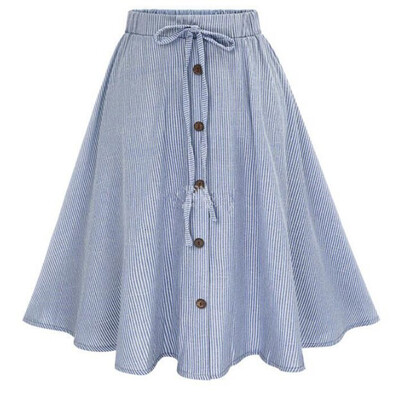 

Women Button Front Loose Swing Skirts Elastic High Waist Casual Midi Skirt Dress