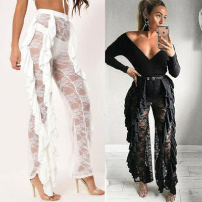 

Sexy Women Beach Lace Mesh Ruffles Sheer Wide Leg Pants Bikini Cover Up Trousers