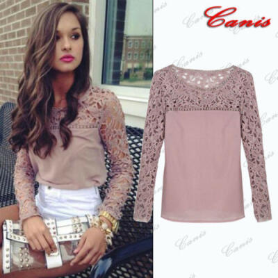 

New Womens Lace Tops Ladies Long Sleeve Hollow Out Blouse Shirt Plus Size -2XL