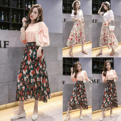 

New Women Chiffon Floral High Waist Maxi Dress Skater Flared Pleated Long Skirt