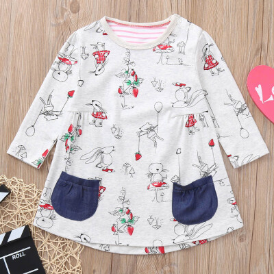 

Children Kids Girls Long Sleeved Cartoon Mouse Print Pockets Dress Clothing