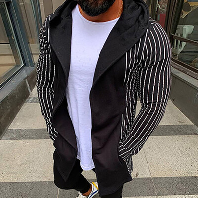 

Gobestart Men Stripe Splicing Hooded Solid Trench Cardigan Long Sleeve Outwear Blouse