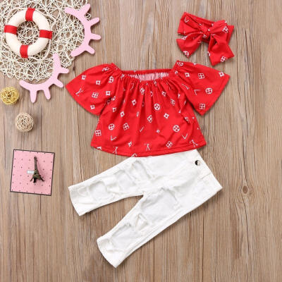 

Fashion Kids Baby Girls Off Shoulder Red Tops BlouseStretch White Pants Handband Clothes Outfits Set