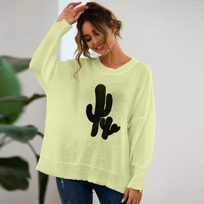 

Women Sweater Contrast Cactus Splicing Drop Shoulders Split Cuff Long Sleeve Loose Casual Pullover