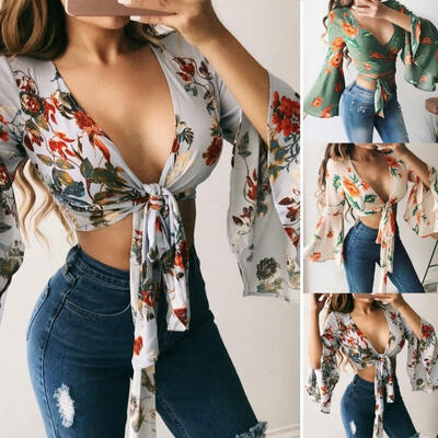 

Womens V-neck Tops Loose Long Sleeve T-Shirt Casual Blouse Chiffon Summer Shirts