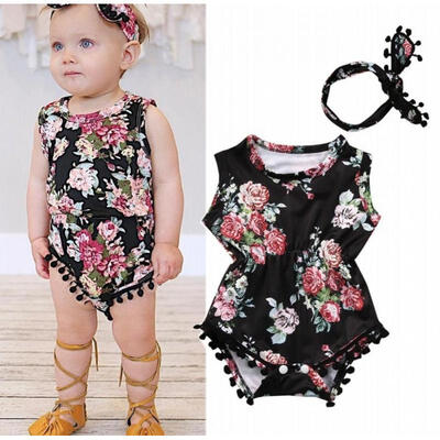 

Baby Girls One-piece Floral Romper Jumper Sunsuit Headband Outfits Set Clothes hot