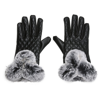 

Women Rabbit Fur Ball PU Leather Gloves Winter Mitten Grid Gloves
