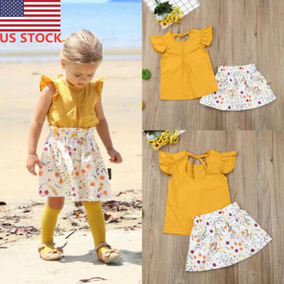 

Toddler Kids Baby Girl Outfits Clothes Flying Sleeve Dress TopsFloral Skirt