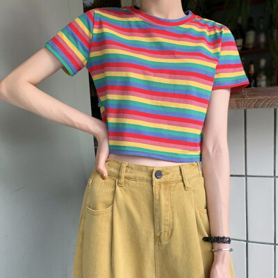 

Summer Womens T Shirt Casual Style Round Neck Rainbow Striped Tees Short Sleeve T-Shirt Top Slim Women T-Shirt