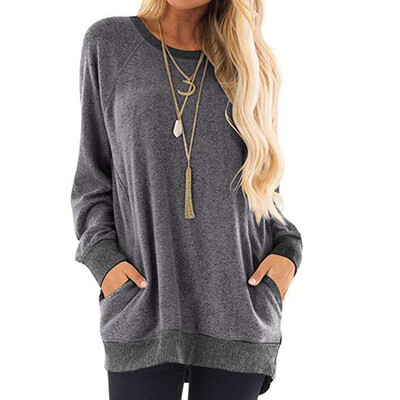 

2019 Autumn Winter Fashion Women O-neck Long sleeves Contrast color Pocket Casual Loose T-shirt