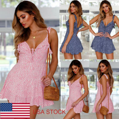 

Women Boho Floral Chiffon Summer Party Evening Beach Short Mini Dress Sundress