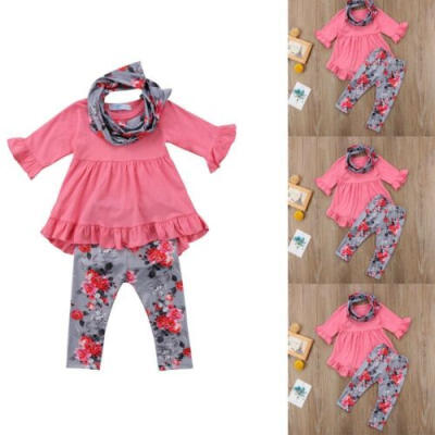 

Toddler Kids Baby Girls Clothes Outfits Ruffle Tops DressFloral PantsScarf Set