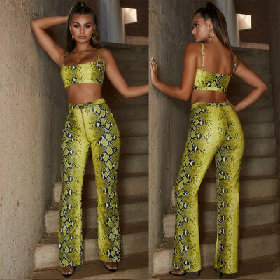 

Womens Ladies 2Pcs Snake Crop Tops Pants Co Ord Set Beach Party Suit Playsuit UK