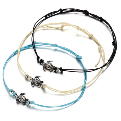 

Bohemian Retro Charm Carved Turtle Pendant Anklet Bracelets Set Handwork