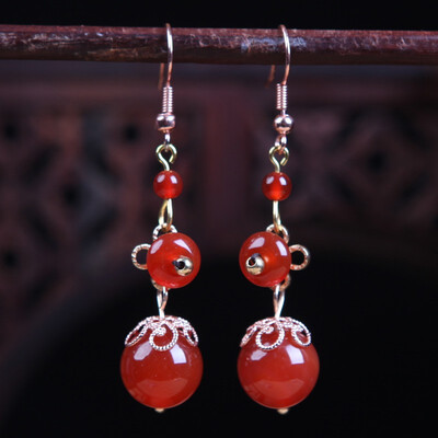 

National style red agate earrings temperament net red earrings ear clips retro jewelry long earrings red earrings