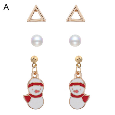 

3 Pairs Christmas SnowmanElkBellSanta Claus Pearl Beads Stud Earrings Jewelry