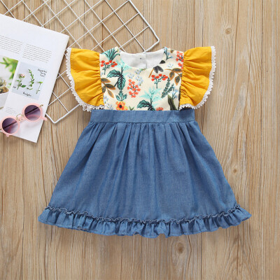 

Toddler Kid Baby Girl Floral Printed Denim Patchwork Princess Dress Clothes