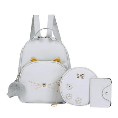 

3pcsset Cat Print Travel Backpacks Women Leather Shoulder Bags Card Holder