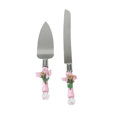 

Stainless Steel Wedding Cake Knife & Server Set Crystal Handle Cake Cutter with Artificial Flower for Wedding Anniversary Birthday