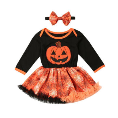 

Newborn Baby Girl Pumpkin Romper Dress Tutu Skirt Headband Halloween Outfits USA