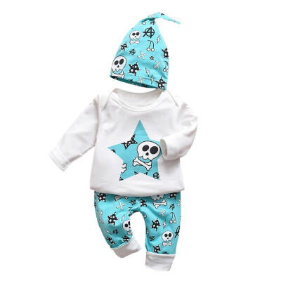 

3pcsset Baby Boy Girls Long Sleeve Skull TopsCotton PantsFloral Hat Suit