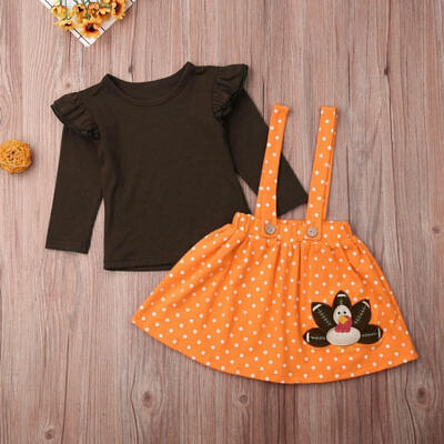 

Toddler Kids Baby Girl Thanksgiving Clothes Long Sleeve Ruffle T-shirts TopsStrap Turkey Dot Skirt Set Autumn