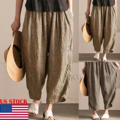 

US Women Loose Linen Pants Wide Leg Elastic Waist Holiday Trousers Plus Size