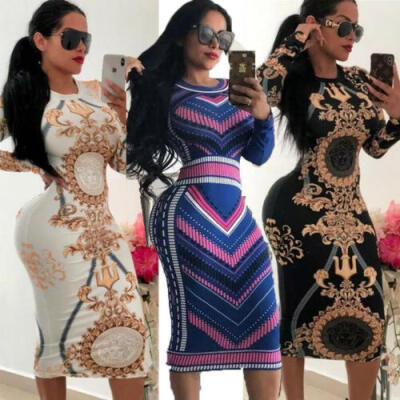 

Fashion Womens Long Sleeve Print Bodycon Clubwear Cocktail Party Sexy Mini Dress