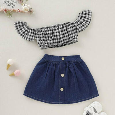 

US Toddler Baby Girl Clothes Off-Shoulder Plaids TopsDress Skirt Outfit Sunsuit