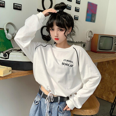 

Autumn Women Sexy Long Sleeve Letter Embroidery O-Neck T Shirt Crop Tops Sweatshirt