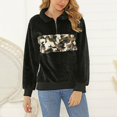 

Women Plush Sweater Zipper Camouflage Stitching Long Sleeve Casual Warm Winter Autumn Loose Tops