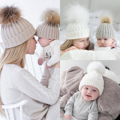 

2 Pcs Mother Child Baby Kids Warm Winter Knit Beanie Fur Pom Hat Crochet Ski Cap