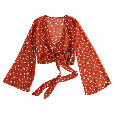 

Floral Print Women Wrap Blouse Bell Sleeve Crop Top Shirt