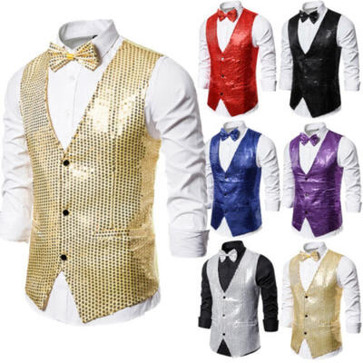 

NEW Mens Sequin Waistcoat Formal Business Suit Vest Wedding Casual club Tops