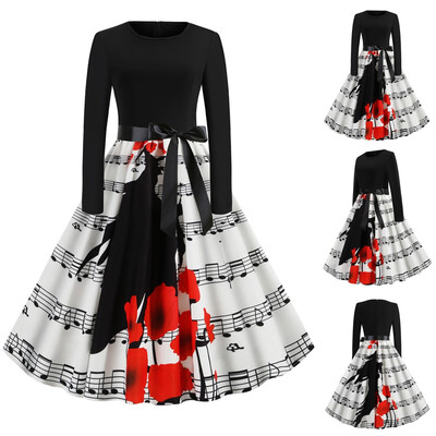 

Tailored Women Halloween Musical Note Print Dress Round Neck Zipper Hepburn Party Dress